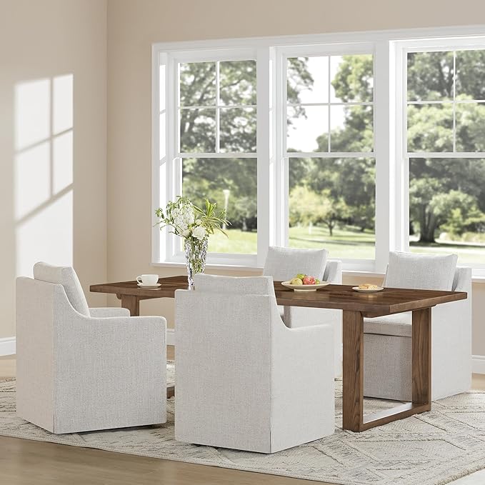 Upholstered Dining Chairs with Casters Easy Assembly Side Deskchair with Rollers for Diningroom, Living Room, Linen, 4 Box