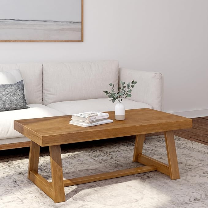 Plank+Beam Classic Rectangular Coffee Table, 48 Inch Farmhouse Coffee Table, Mini Center Tables for Small Spaces, Small Living Space Tea Table, Pecan Wirebrush