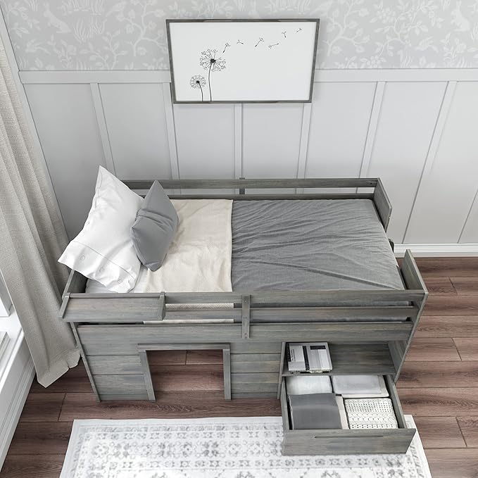 Max & Lily Loft Bed Twin Size, Solid Wood Low Loft Bed with Storage Drawer and Ladder, Modern Farmhouse Loft Bed for Kids, Driftwood