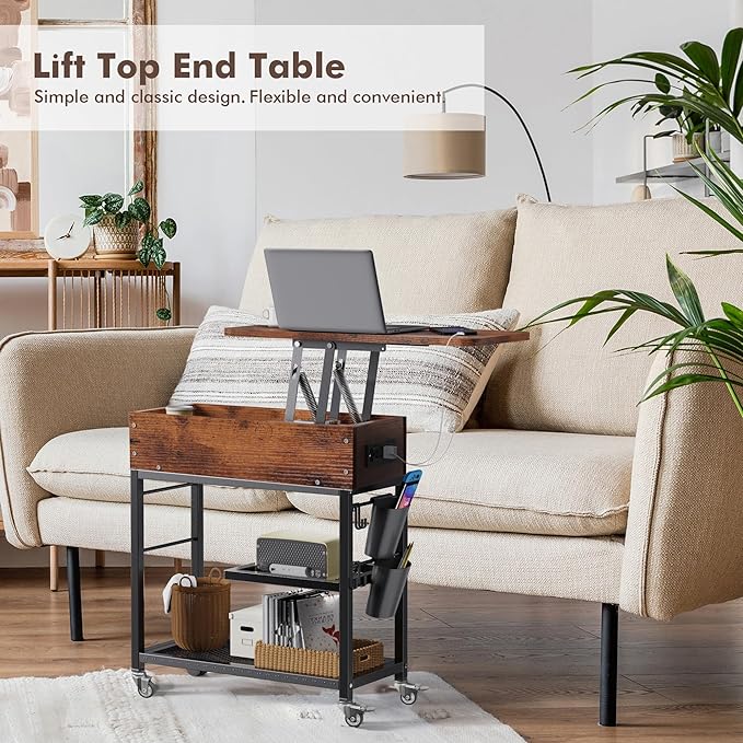 Colima Lift Top End Table with Charging Station and Wheels, Sofa Side Table with USB Port & AC Outlets, Movable Bedside Nightstand with Side Bag for Office Living Room Bedroom(Rustic Wood)