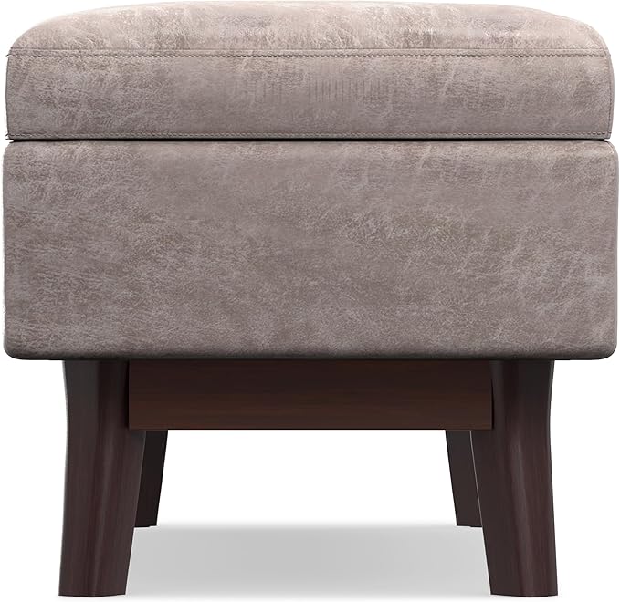 SIMPLIHOME Owen 48 inch Wide Mid Century Modern Rectangle Rectangular Storage Ottoman in Distressed Grey Taupe Vegan Faux Leather, Assembled, for the Living Room, Entryway and Family Room