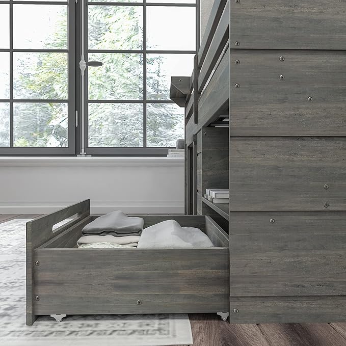Max & Lily Loft Bed Twin Size, Solid Wood Low Loft Bed with Storage Drawer and Ladder, Modern Farmhouse Loft Bed for Kids, Driftwood