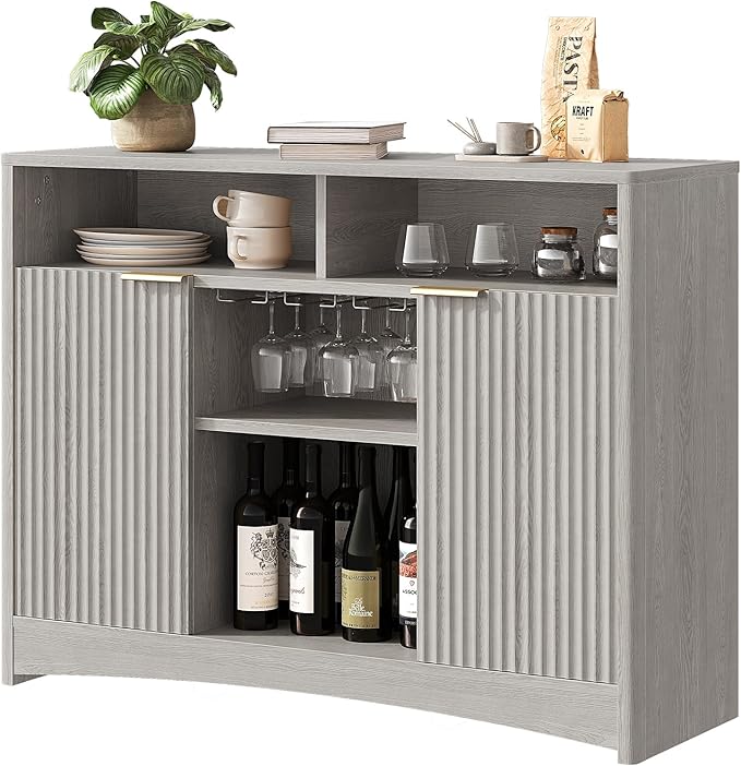 Marsail 47.2" Bar Cabinets with Storage, Modern Buffet Cabinet, Large Sideboard with 2 Fluted Panel Doors, Coffee Bar Cabinet with Adjustable Shelf and Glass Rack for Kitchen, Living Room, Grey