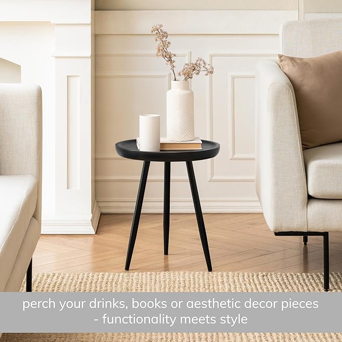 MH London Lydia Round Small End Table & Side Table Solid Wood, Black top with Black Metal Legs, Nightstand, 15.75"x15.75"x18"