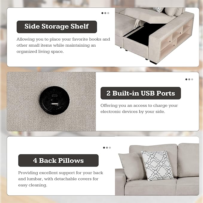 109" U-shaped Sectional Pull-out Sofa Bed with Storage Chaise,2-in-1 Convertible Couch W/ 4 Back Pillow & 2 USB Ports,Luxurious Sleeper Furniture Set for Living Room Large Space,Beige Chenille
