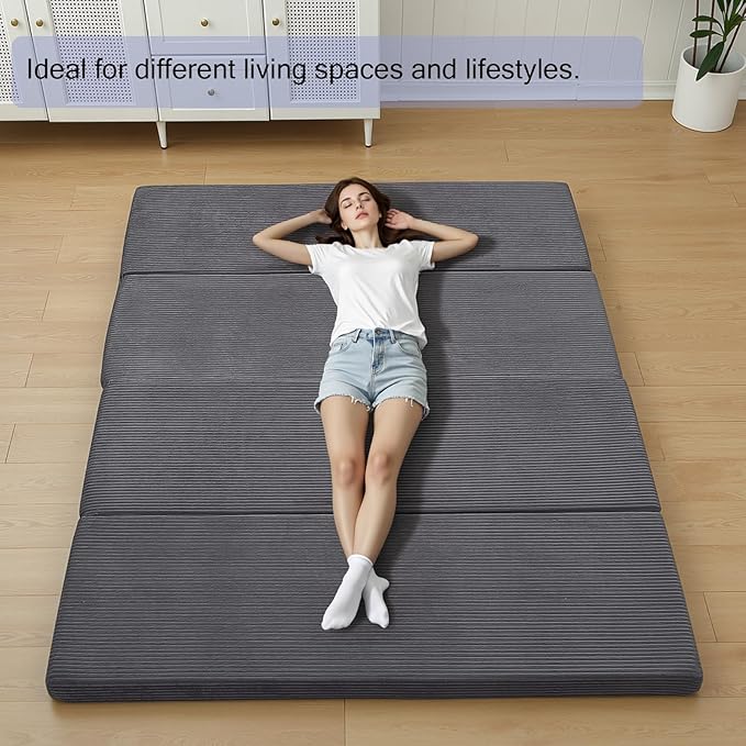 MeMoreCool Folding Foam Futon Mattress Queen, Foldable Japanese Floor Mattress, Sleeping Mat Pad for Adults Guests Sleepovers, 3 in Thick Tatami Mat Portable Shikibuton, Dark Grey