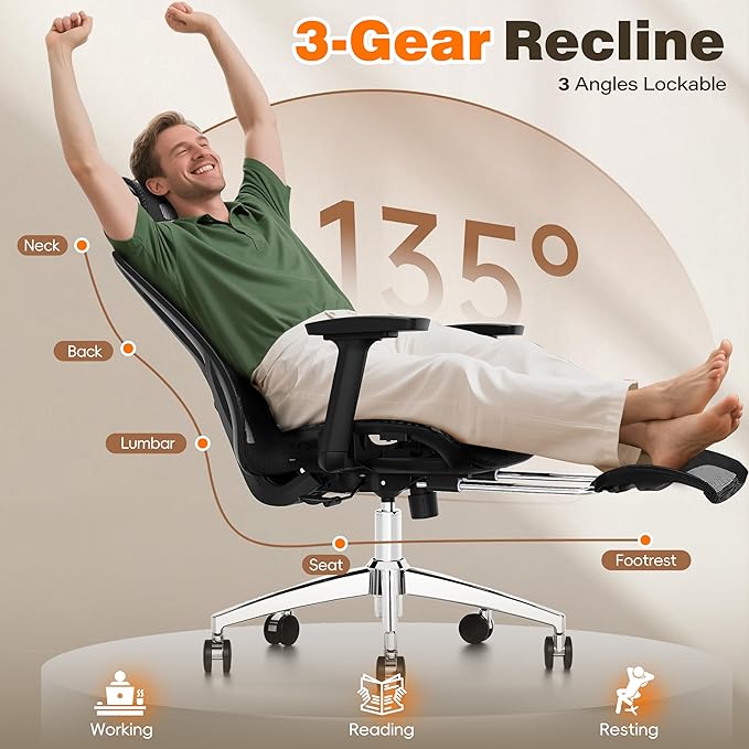 GABRYLLY Ergonomic Office Chair with Adjustable Lumbar Support, 3D Armrests & Headrest, 135° Reclining Chair with Footrest & Large Steel Base,300LBS Swivel Desk Chair(GYMN01)