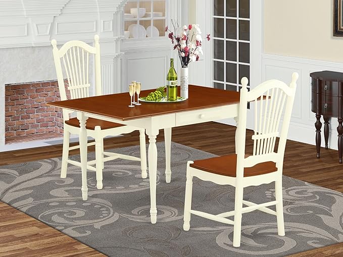 East West Furniture MZDO3-WHI-W 3 Piece Dining Set Contains a Rectangle Dining Room Table with Dropleaf and 2 Wood Seat Chairs, 36x54 Inch, Buttermilk & Cherry
