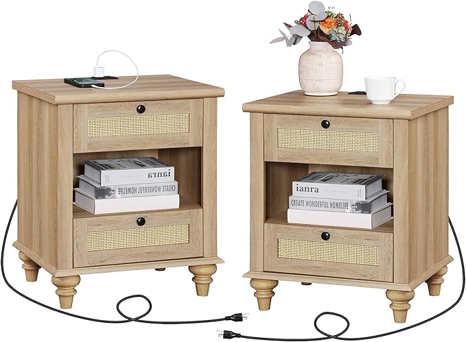 WAMPAT Set of 2 Rattan Night Stands Side Tables with Charging Station, Wood End Table for Living Room with Drawers & Shelf, Farmhouse Bedside Table Nightstand for Bedroom, Oak