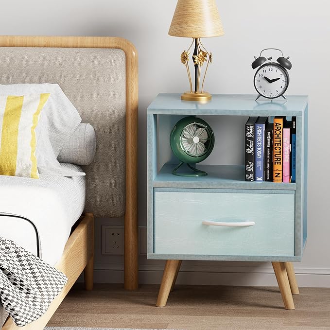 Night Stand, Blue Kids Nightstand with Drawer, Nursery Side Table with Open Storage, 2-Tier Modern End Table, Bedside Table for Small Space, Living Room, Bedroom