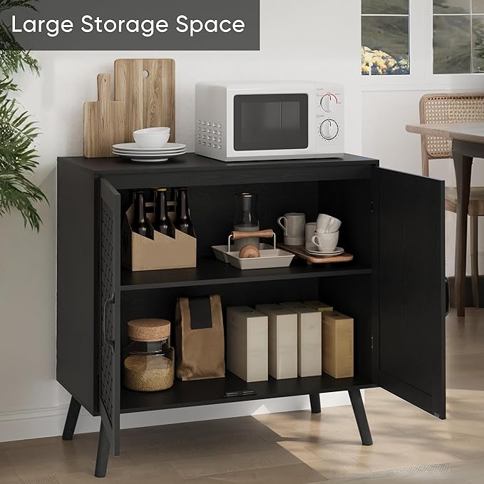 Smuxee Black Sideboard, Freestanding Buffet Cabinet with 2 PVC Rattan Doors, Storage Cabinet with Adjustable Shelf for Living Room, Entryway, Hallway