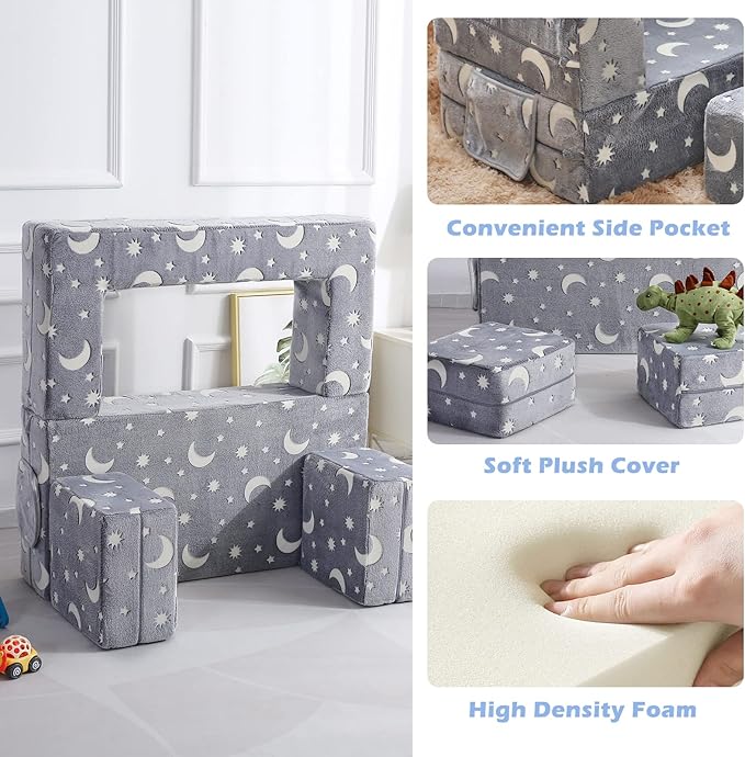 Kids Couch, Glow in The Dark Modular Kids Explore Sofa for Toddler 3 in 1 Fold Out Kids Toddler Sofa, Convertible Plush Toddler Couch with Washable and Durable Covers