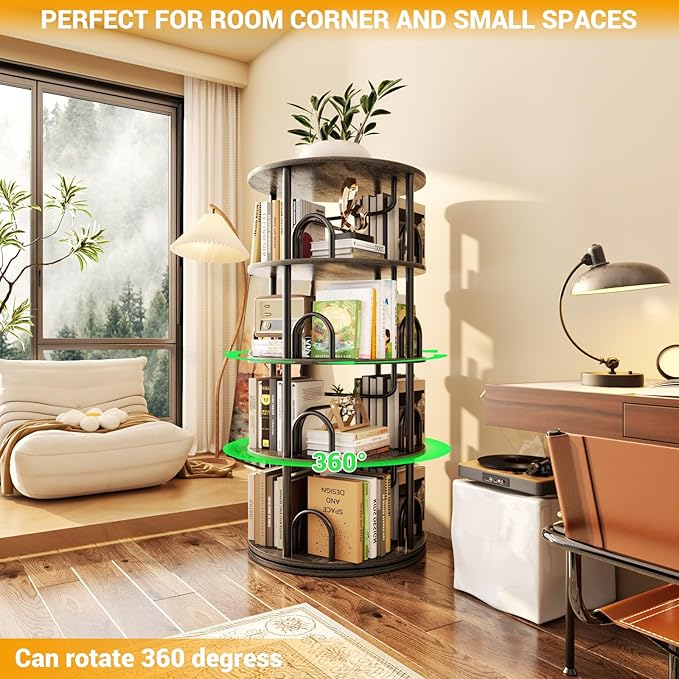 Aheaplus 4 Tier Rotating Bookshelf Tower, 360 Display Spinning Bookcase, Revolving Round Book Shelf Narrow Swivel Bookshelf, Vertical Turning Corner Book Organizer for Small Space, Black Oak