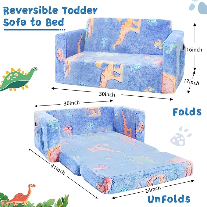 Toddler Chair Comfy,2-in-1 Soft Toddler Couch Fold Out for Kids,Convertible Sofa to Lounger,Gift for Girls and Boys Birthday,Dinosaurs,Large