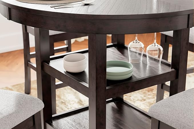 Signature Design by Ashley Langwest Transitional Diamond Patterned Counter Height Dining Table and 4 Upholstered Bar Stools, Set of 5, Dark Brown & Beige