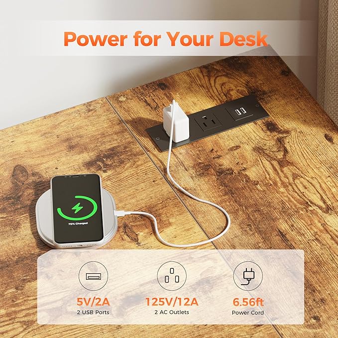 Small L Shaped Computer Desk with Power Outlets, Gaming Desk for Small Spaces, Corner Desk with Reversible Storage Shelves, Study Writing Table for Home Office (Socket, Rustic Brown, 48 inch)