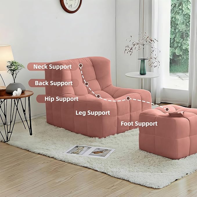 Bean Bag Chair - Memory Foam Bean Bag Chair for Adults, Comfy High-Resilience Single Sofa, Small Space Floor Chair, Chaise Lounge for Living Room, Bedroom (Pink, Square + Ottoman)