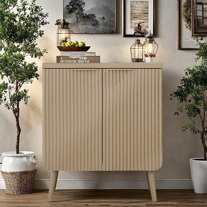 Buffet Cabinet, Sideboard Fluted Cabinet Modern Kitchen Buffet Storage Cabinets with Doors and Shelves, Wood Farmhouse Coffee Bar Station for Entryway & Dining Room & Living Room, Natual Oak
