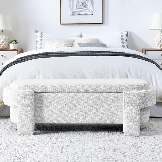 KEIKI 51" Linen Ottoman Bench with Large Storage Space, Upholstered Seating Foot Rest Stool Furniture for Bedroom, Living Room, Entryway, White