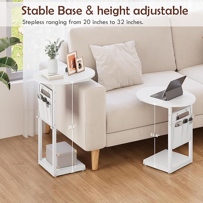 Vagusicc C Shaped End Table, Adjustable Height Small Side Table for Couch and Recliner, 32" Tall Couch Side Table Slide Under Sofa Tray Desk with Storage Bag for Living Room and Bedroom, White