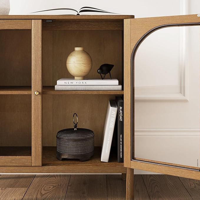 Nathan James Mason TV Stand, Free Standing Accent Sideboard Buffet, Credenza with Glass Doors and Adjustable Shelf in Brushed Light Brown Wood for Dining Room, Entryway and Living Room, Set of 3