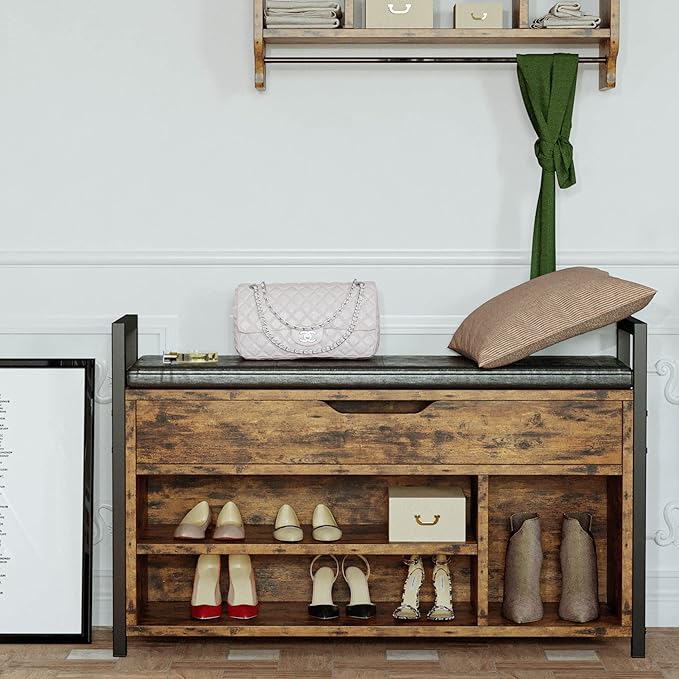 IRONCK Shoe Storage Bench, Entryway Bench with Lift Top Storage Box, Metal and Board Bench for Entryway, Two Tier Shoe Rack Organizer for Entryway, Hallway, Industrial, Vintage Brown