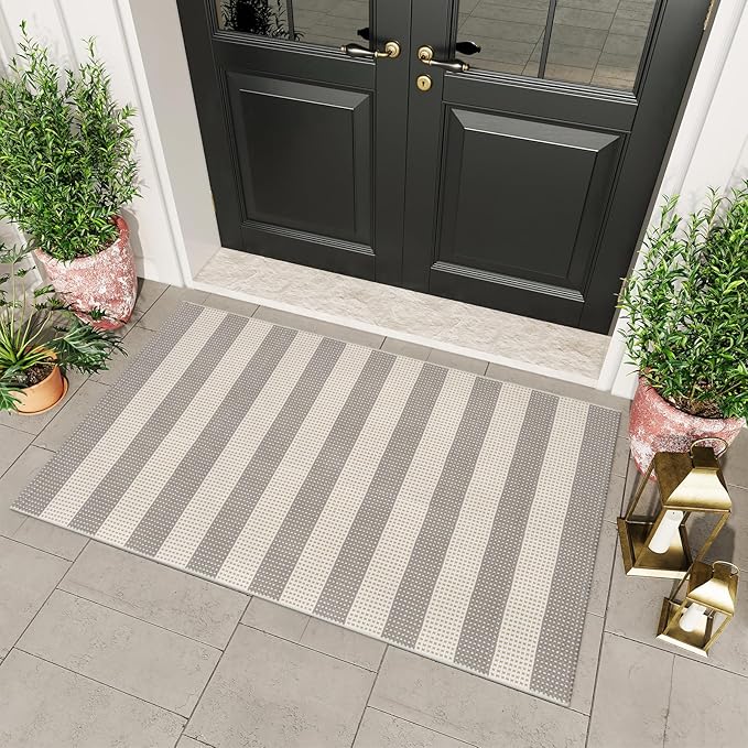 OJIA Indoor Outdoor Rugs 3'x5', Washable Area Rug Entryway Rugs Indoor Front Door Mats Striped Porch Rug Cotton Small Floor Carpet for Entry/Patio/Deck/Balcony/Bedroom/Living Room (Gray/White/Tan)