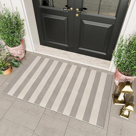 OJIA Indoor Outdoor Rugs 3'x5', Washable Area Rug Entryway Rugs Indoor Front Door Mats Striped Porch Rug Cotton Small Floor Carpet for Entry/Patio/Deck/Balcony/Bedroom/Living Room (Gray/White/Tan)