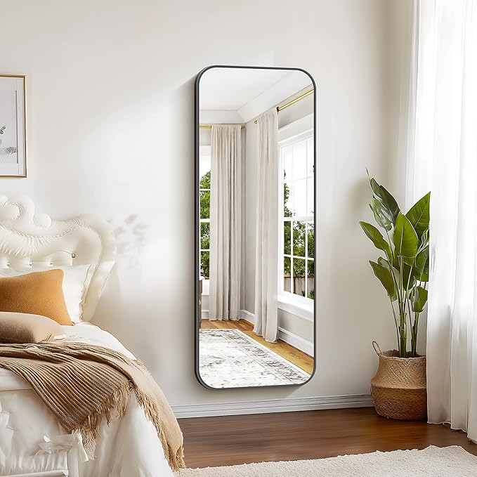 Bathroom Mirror, 60 x 24 inch Metal Framed Black Rectangle Mirror, Rounded Corner Rectangular Vanity Mirror, Large Wall Mounted Mirror for Modern Bedroom Living Room Horizontal or Vertical