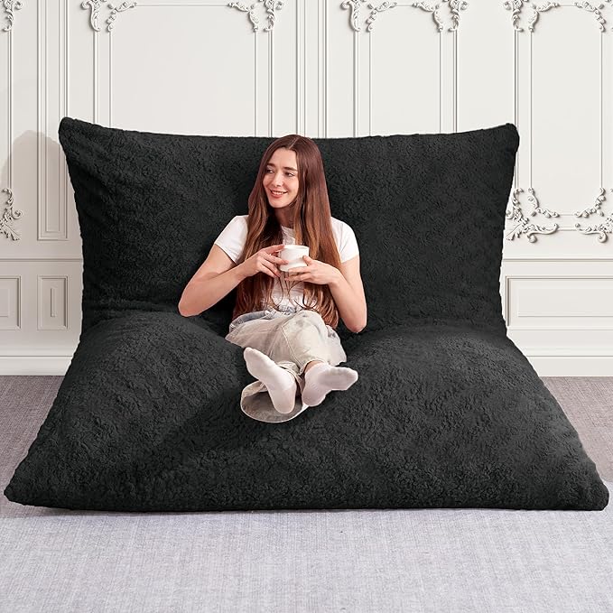 HABUTWAY 4 in 1 Bean Bag Chair, Giant Memory Foam Filling Bean Bag Sofa, Adult Bean Bag Chair, Machine Washable Faux Fur Cover, Bean Bag for Adult (Black)
