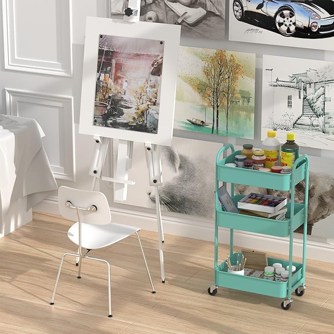 MAX Houser 3-Tier Rolling Utility Cart with Caster Wheels,Easy Assembly, for Kitchen, Bathroom (Turquoise)
