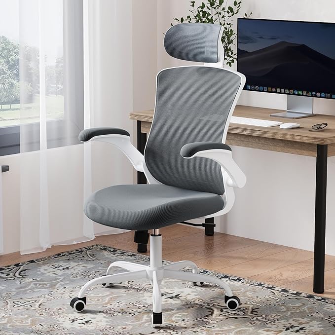 High Back Office Chair with Adjustable Lumbar Support & Headrest, Ergonomic Mesh Desk Chair with Flip-Up Armrests, Breathable & Comfortable Computer Chair for Home, Office & Study, Grey