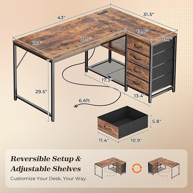 PRAISUN 43.3" Small Computer Desk with Power Outlets and USB-C Port, Reversible L Shaped Corner Office Desk with 4 Fabric Drawers and 2 Height-Adjustable Shelves, for Gaming Writing, Rustic Brown