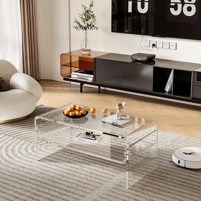 2-Tier Acrylic Coffee Table, Side End Table with Storage Shelf, Modern Center Table for Living Room, Office, Bedroom, Home Small Space, Easy Assembly (Clear)