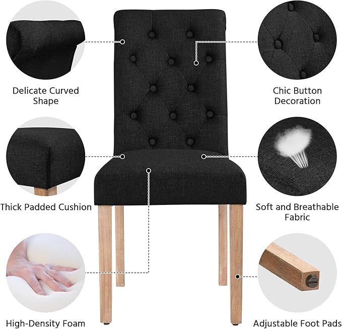 Yaheetech Dining Chairs Set of 2 Fabric Upholstered Dining Room Chairs with Button Tufted High Back and Solid Wood Legs for Kitchen/Living Room/Restaurant, Modern Style, Black