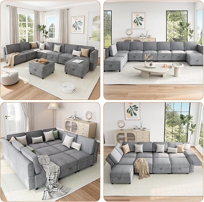 GAOMON 139.4" Chenille Reversible Sectional Sofa, 9-Seater Modular Sectional Sofa, Comfy Sectional Sleeper Sofa Couch with Chaise, U-Shape Modular Couch with Storage Seats & Ottomans, Grey