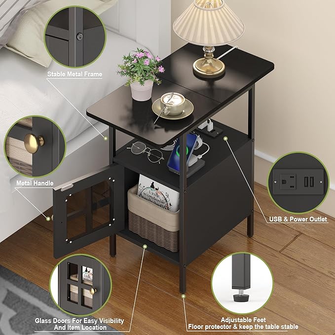 Farmhouse Narrow Side Table with Charging Station - 3-Tier End Table with USB & Outlets Compact Bedside Storage Table for Small Spaces, Multi-Functional Accent Table for Couch Corner Entryway Black