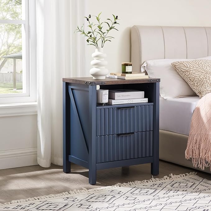 Navy Blue Nightstand with Charging Station - 20 Inch Wide Farmhouse Fluted Bedside Table with 2 Drawers, Modern Wood End Side Table for Bedroom Study Storage Home