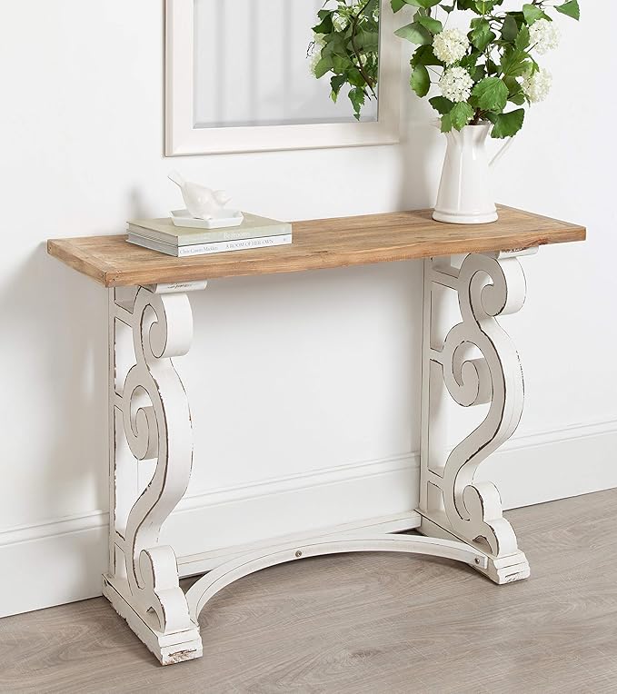 Kate and Laurel Wyldwood Country French Solid Wood Console Table - Rustic/White Legs - Natural Wood Top