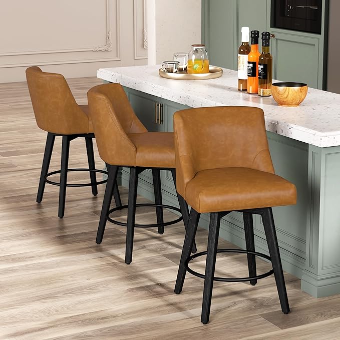 Counter Height Bar Stools Set of 8, Modern Swivel Barstools with Back and Wood Legs, Faux Leather Upholstered Bar Chairs, 26" H Kitchen Counter Stools, Kitchen Island Home Bar, Whisky Brown