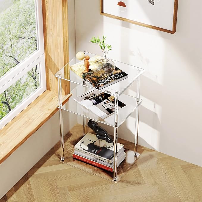 Clear Acrylic Side Table, 3-Tier End Table for Living Room, Small Bedside Tables Nightstand for Bedroom, Home Decor Accent Table, 15.7" L x 11.8" W x 23.6" H
