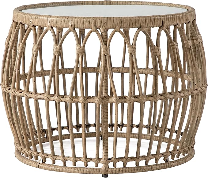 Muse & Lounge Co. Ysar Boho Rattan Round Coffee Table Outdoor with 5mm Tempered Glass Top, All-Weather and Rust Resistant Patio Furniture