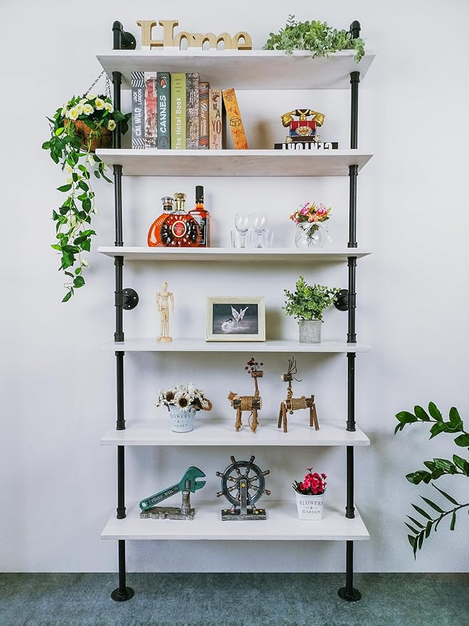 6 Tier Industrial Ladder Shelf Bookcase, Wall Mounted Rustic Bookshelf for Living Room Decor and Storage (White, 6 Tier - 10" D x 36" W x 82.5" H)
