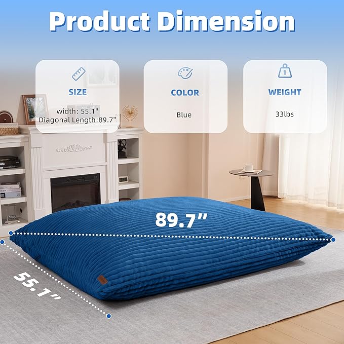 HABUTWAY 4-in-1 Bean Bag Chair, Convertible Chair with High-Density Memory Foam Filling & Machine Washable Cover, Giant Bean Bag Chair for Adults (Blue)