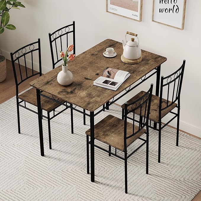 Vipbear Kitchen Dining Table Set for 4, 5-Piece Kitchen Table Set,Dining Room Table Sets,Rectangular Kitchen Table Set with 4 Chairs for Small Space, Dinette,Apartment, Rustic Brown