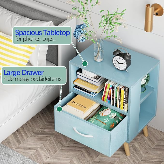 Night Stand, Blue Kids Nightstand with Drawer, Nursery Side Table with Open Storage, 2-Tier Modern End Table, Bedside Table for Small Space, Living Room, Bedroom