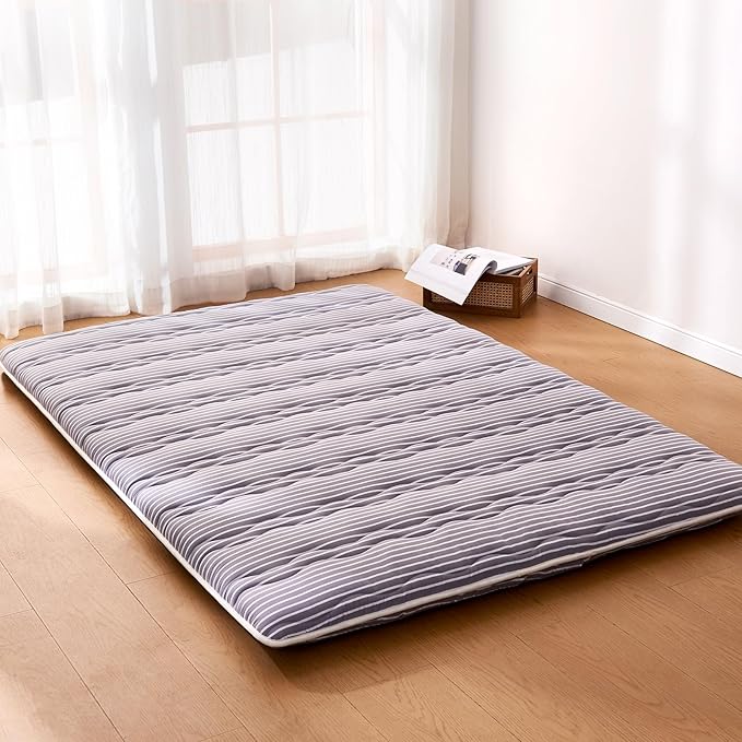 Japanese Floor Mattress, Futon Mattress Foldable, 100% High-Density Premium Foam, Thicken Tatami Mat Portable Dormitory Sleeping Pad, Small Single Size 75" X 25", Grey Stripes