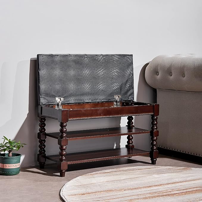 Shoe Storage Bench, Entryway Shoe Rack with Leather Seat 2-Tier Lift-top Organizer Wooden Bench for Foyer Bedroom Living Room Accent Furniture (39.4'')