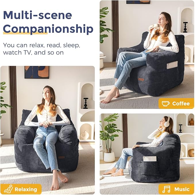MAXYOYO Bean Bag Chair, Tufted Bean Bag Couch Lazy Chair, Living Room Sofa Couch with Filler for Adult Teens Kids, Corded Fabric Accent Sofa for Bedroom Dorm, Dark Grey