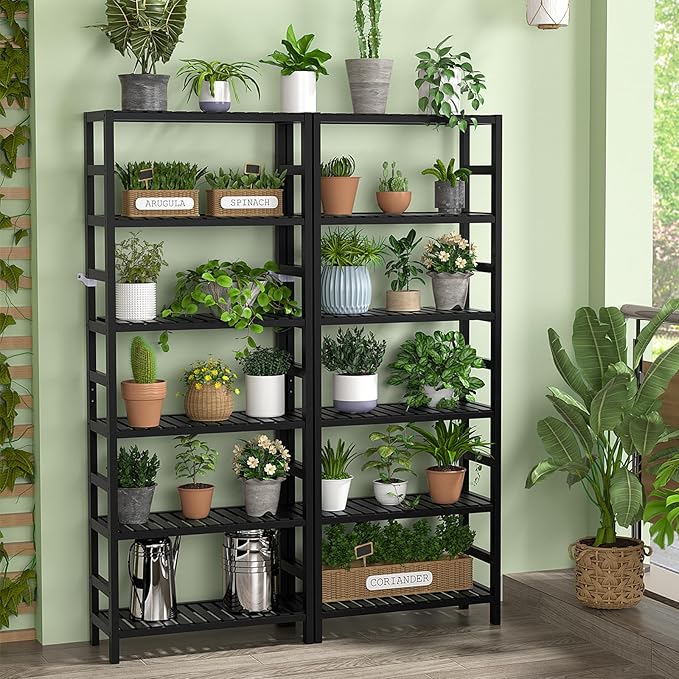 Homykic 6-Tier Bamboo Bookshelves and Bookcases, Adjustable 63.4”Tall Shallow Book Shelf Organizer Rack, Freestanding Storage Shelving Unit for Living Room, Kitchen, Bathroom, Office, Black